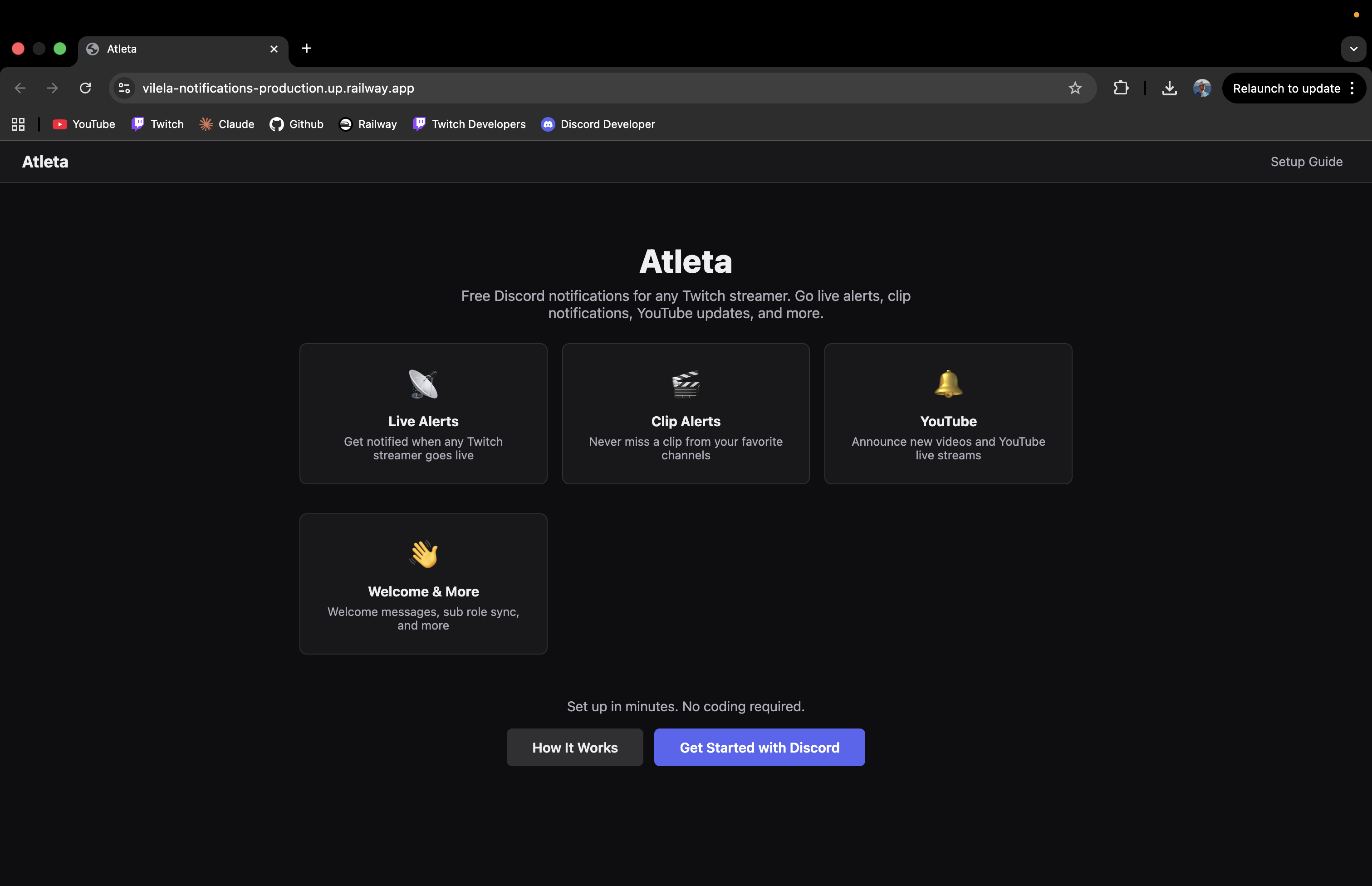 Atleta home page with Get Started with Discord button