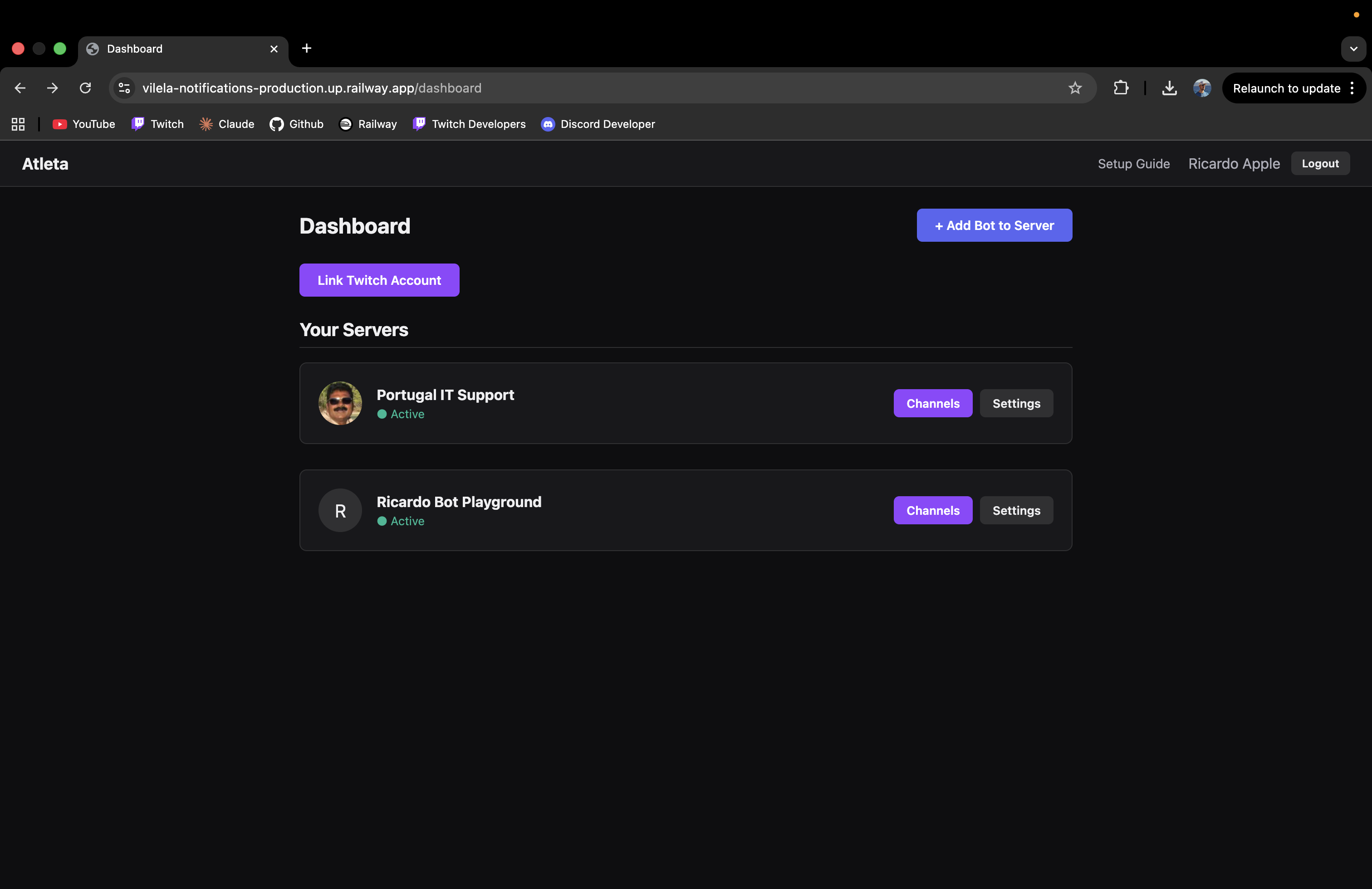 Dashboard with Add Bot to Server button