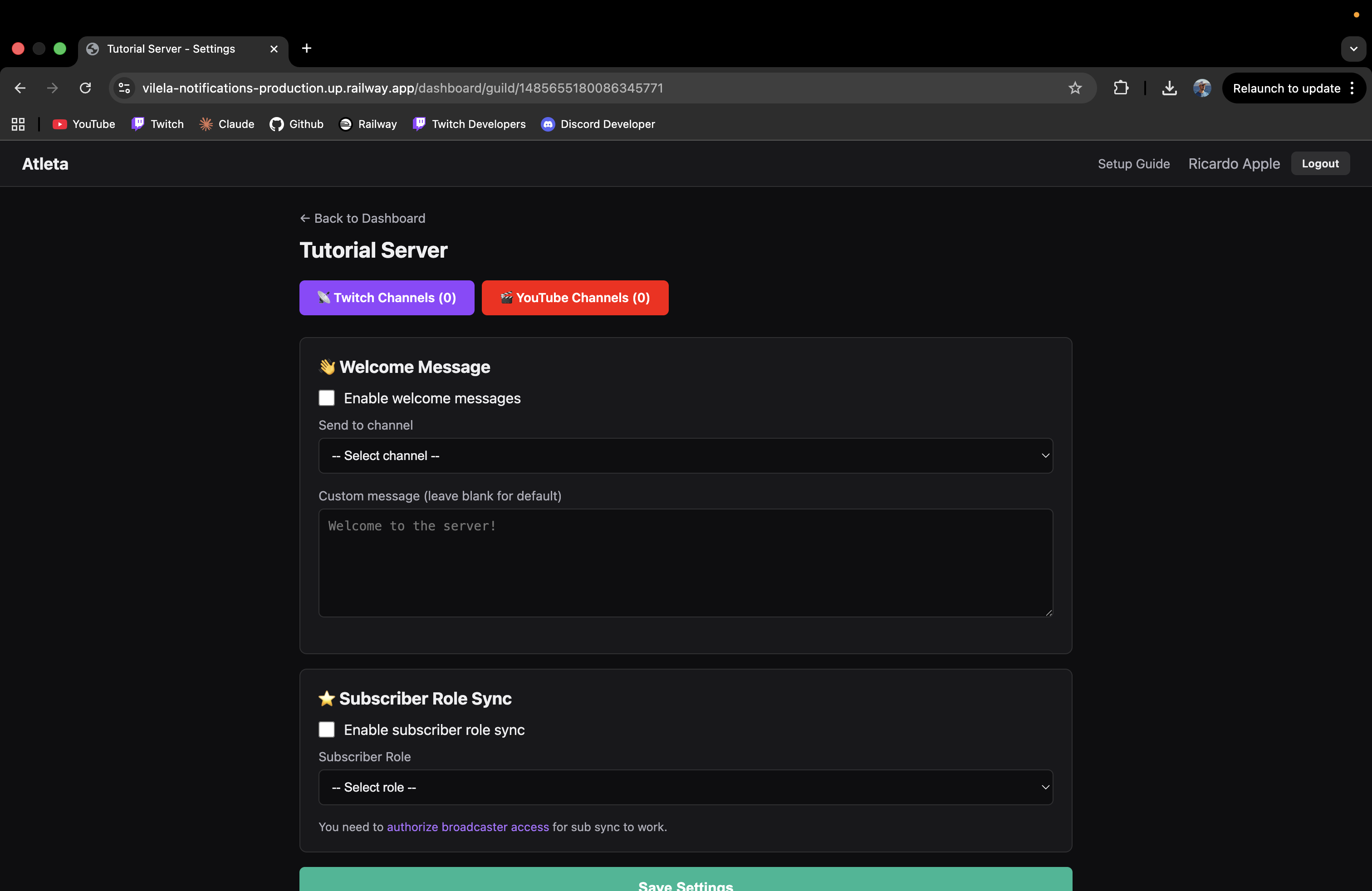 Server settings page with Twitch Channels and YouTube Channels buttons