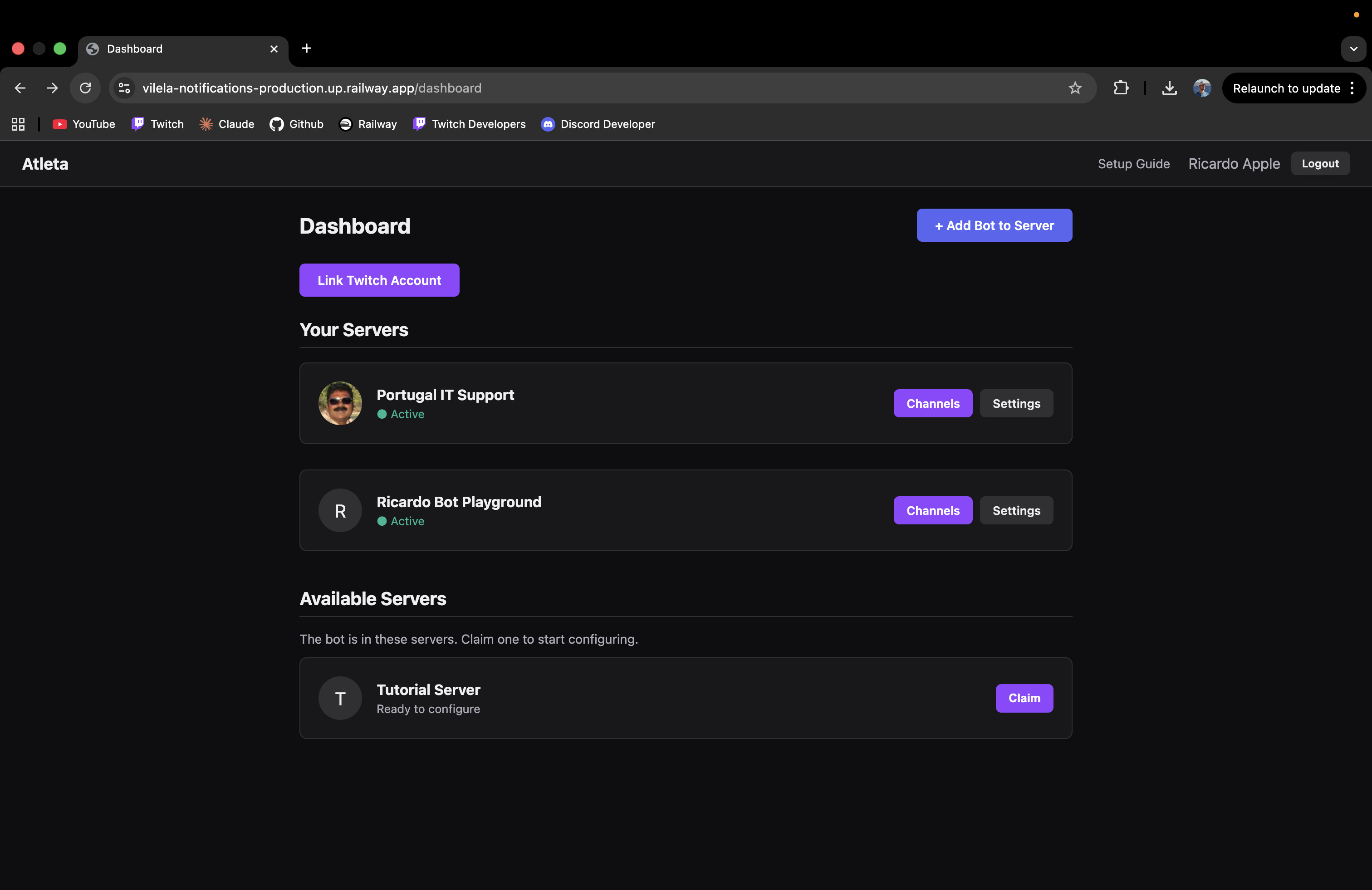 Dashboard showing Available Servers with Claim button