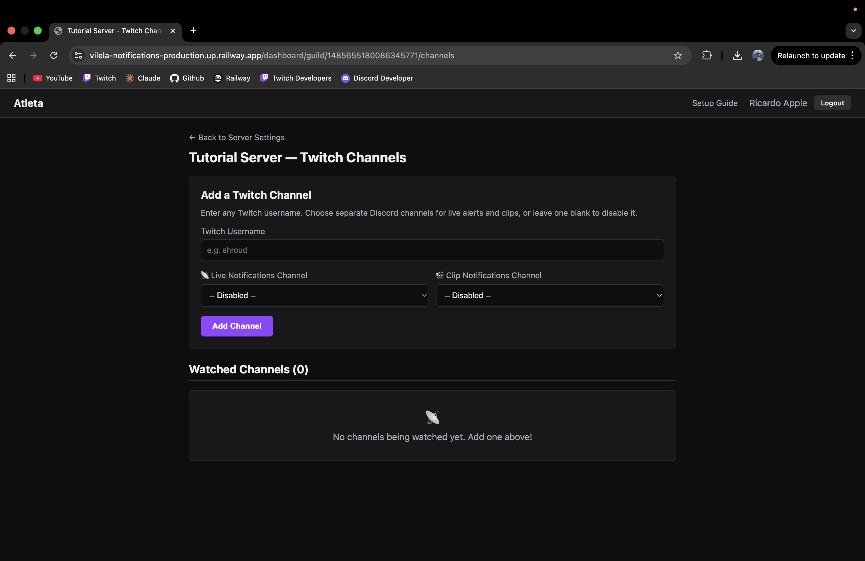 Twitch Channels page — empty state with add form