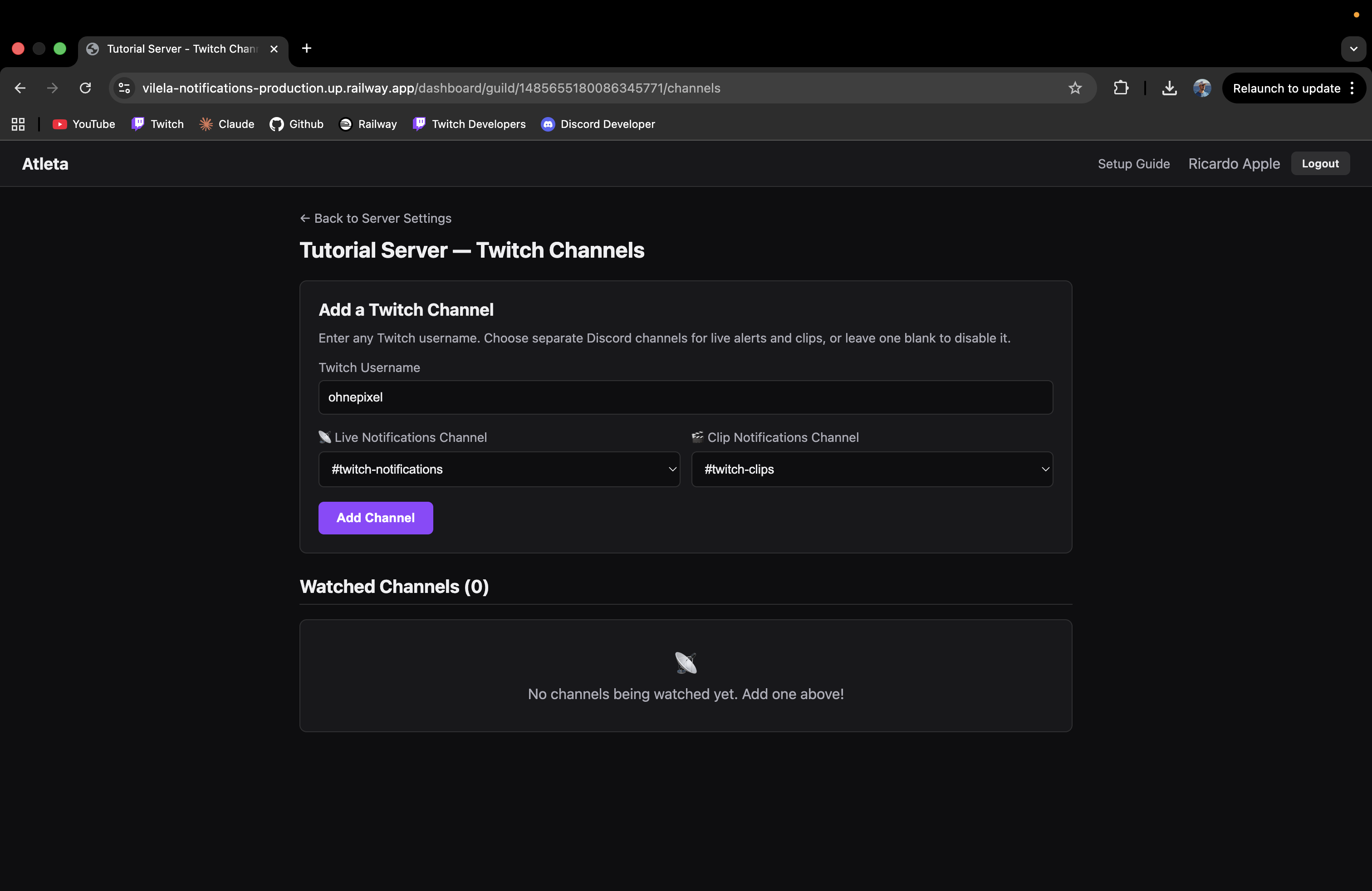Filling in a Twitch username with notification channels selected