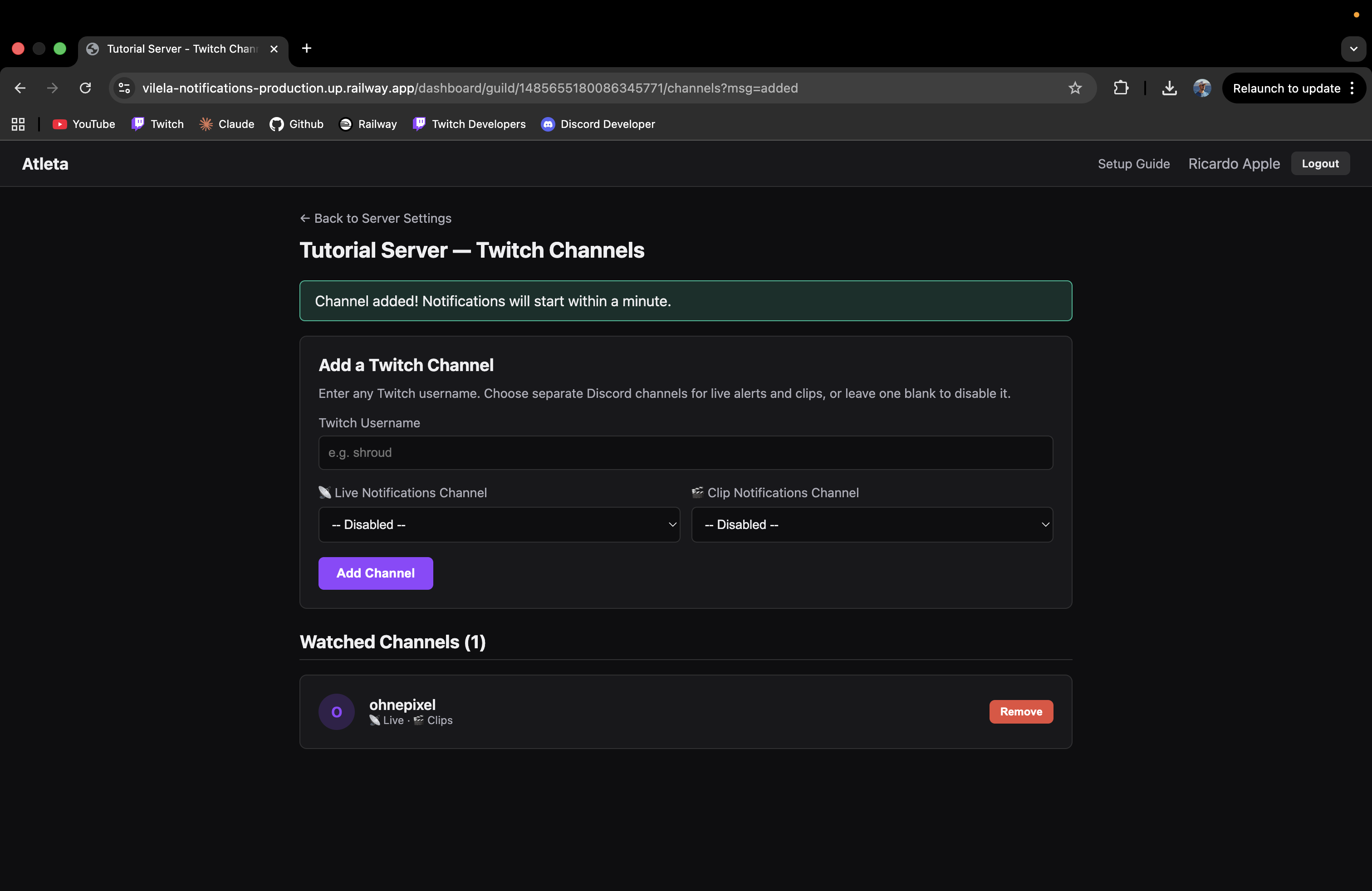 Channel added successfully with watched channels list showing