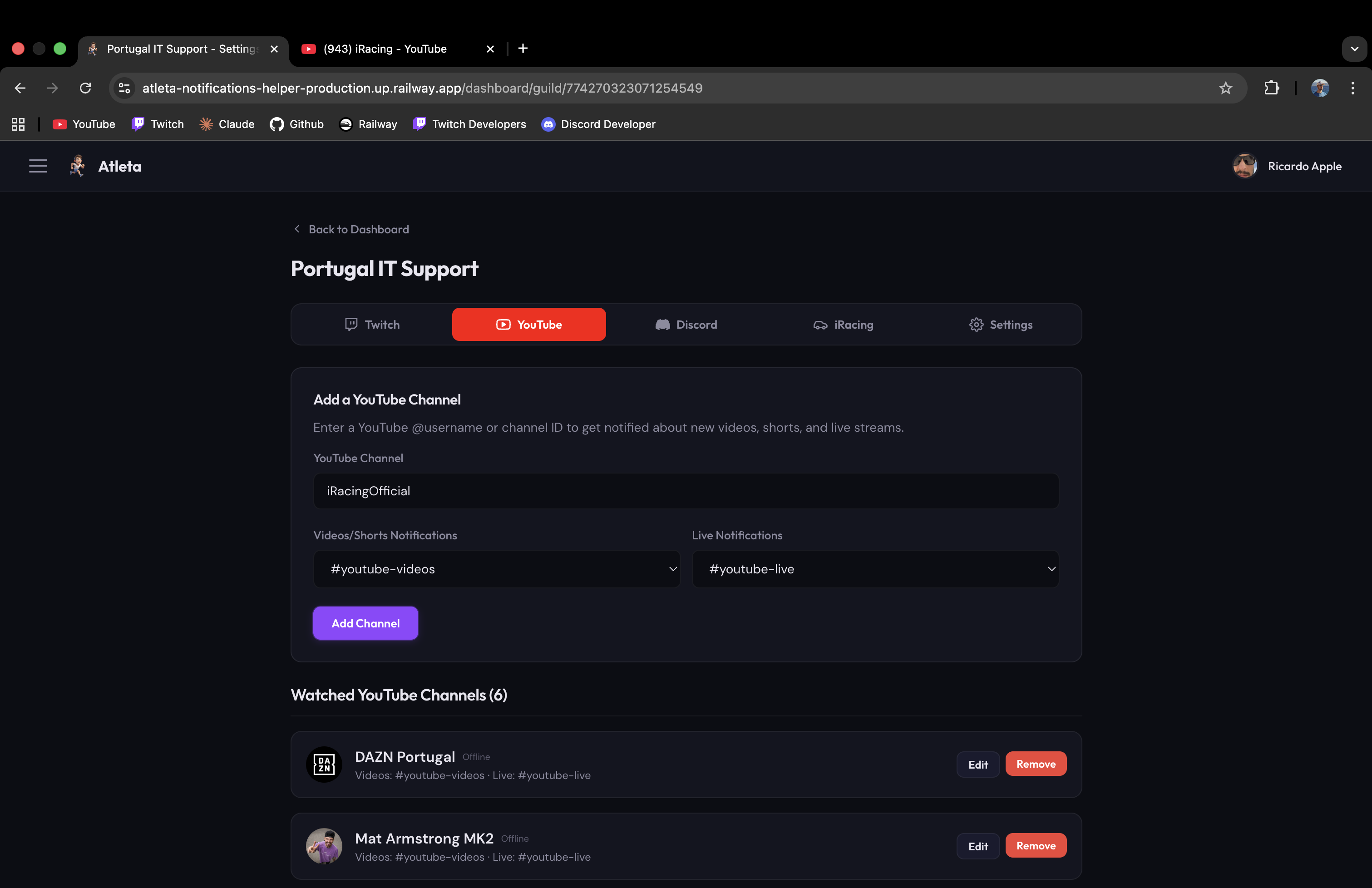 YouTube channel added to watched list