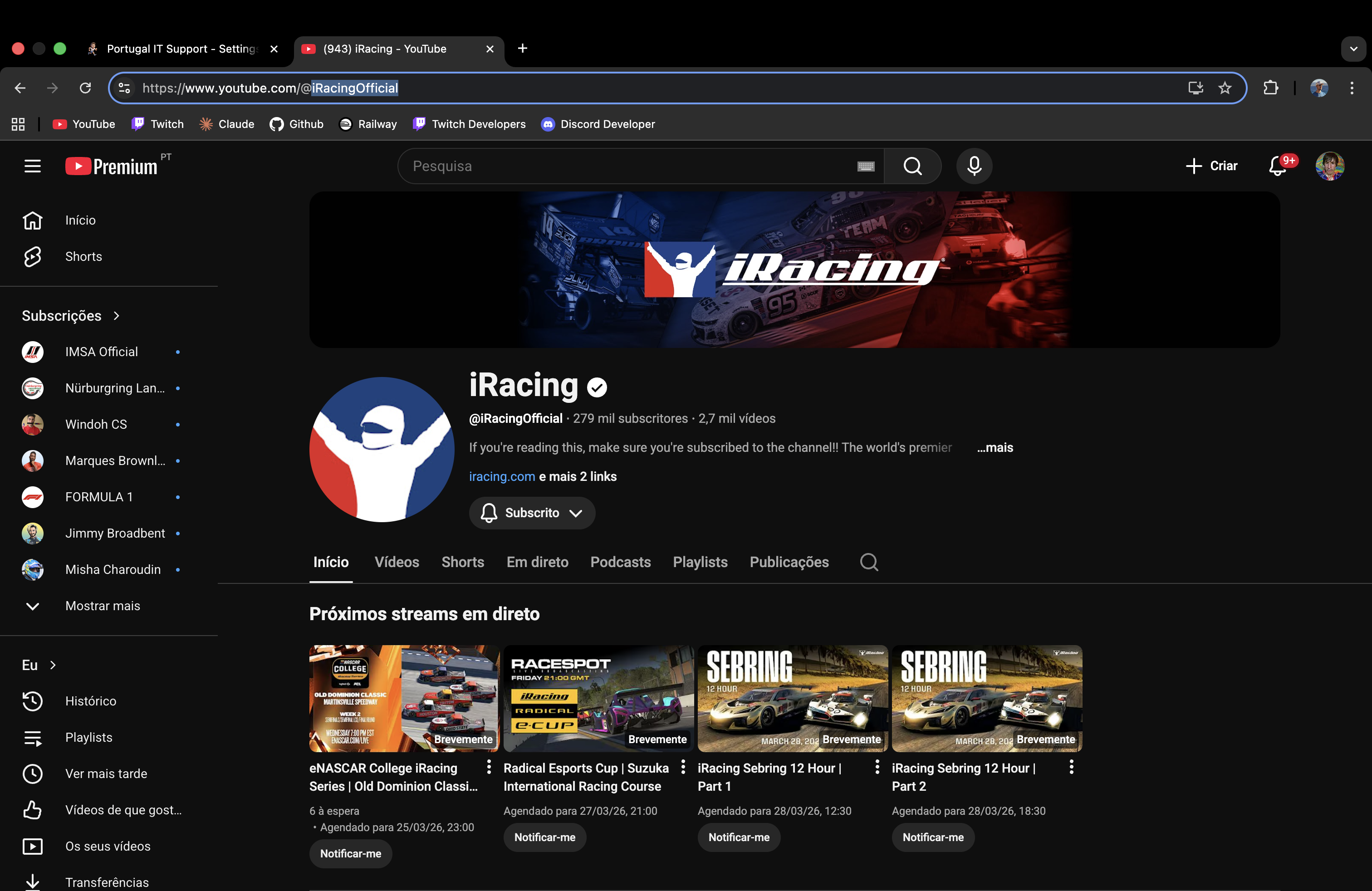 YouTube tab — Add a YouTube channel form