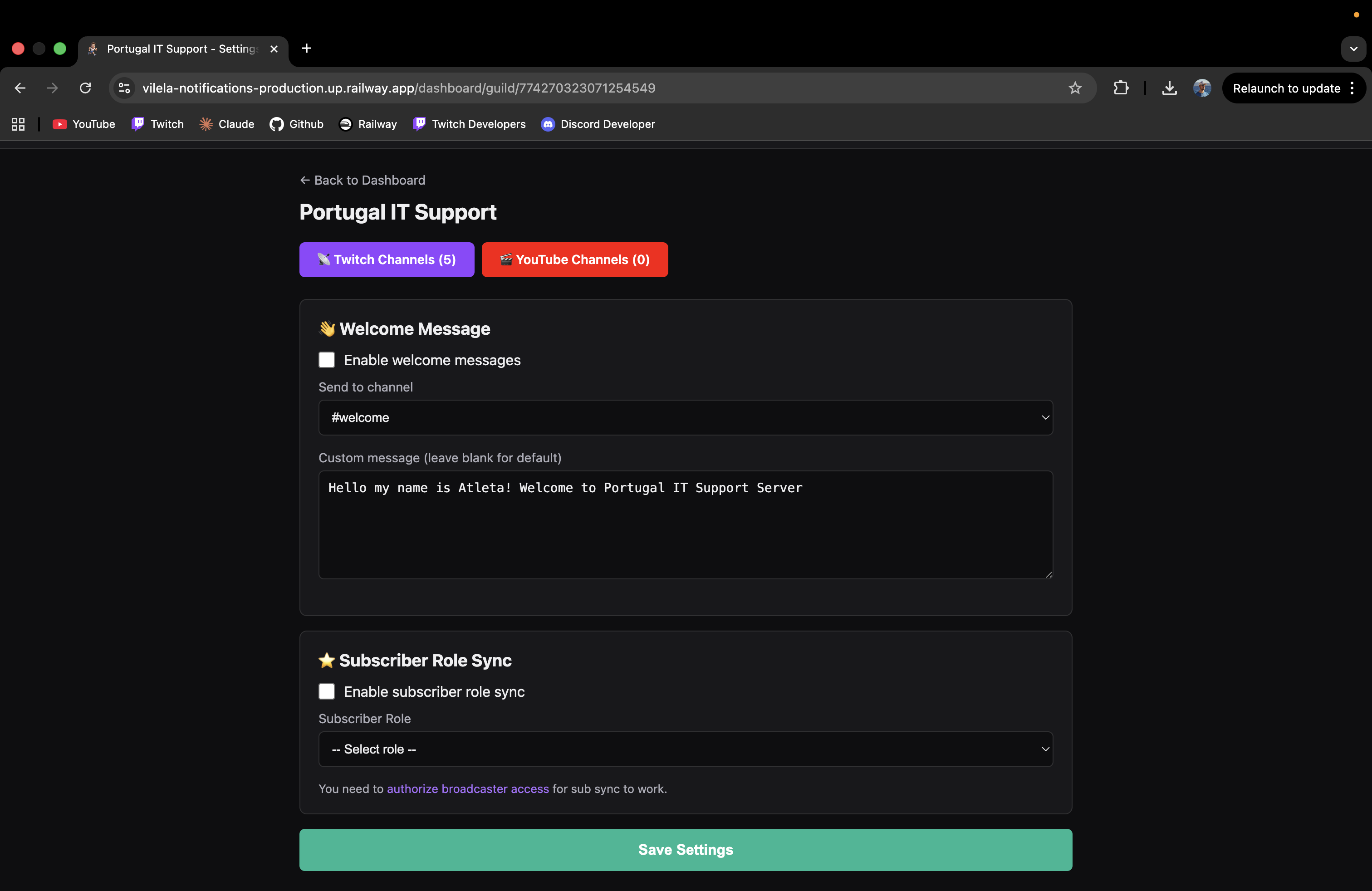 Server Settings showing Welcome Message configuration