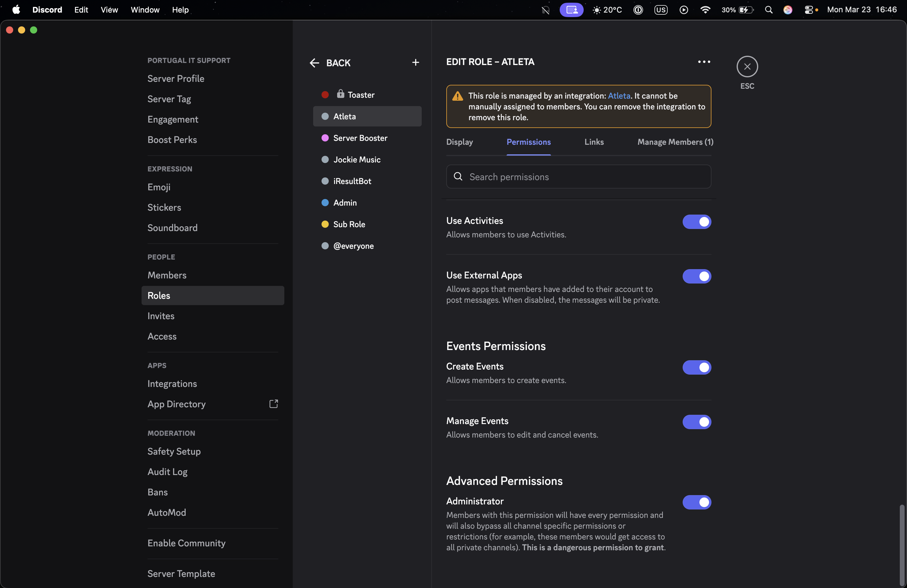 Atleta role with Administrator permission enabled