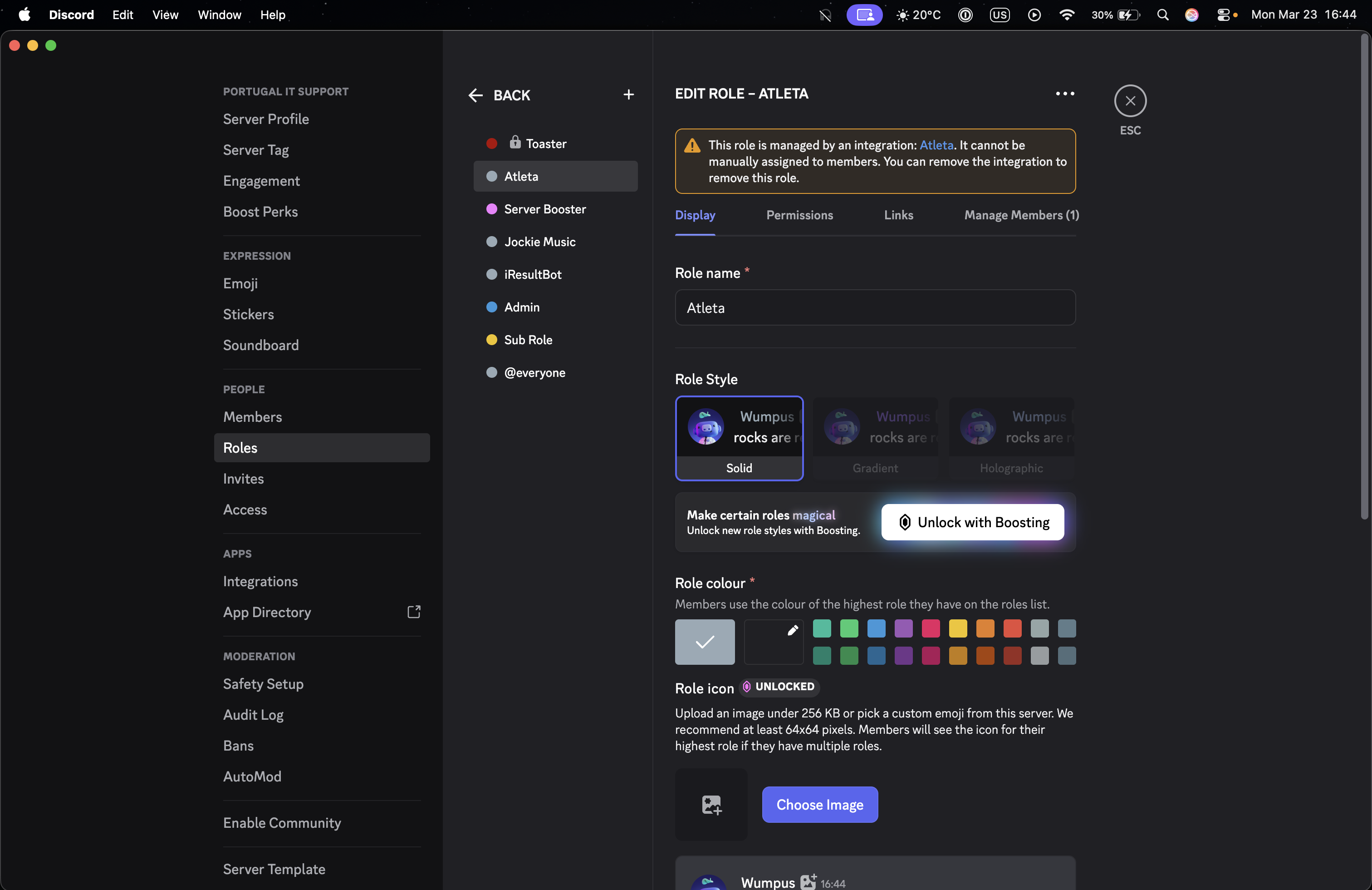 Atleta role positioned above Sub Role in the roles list