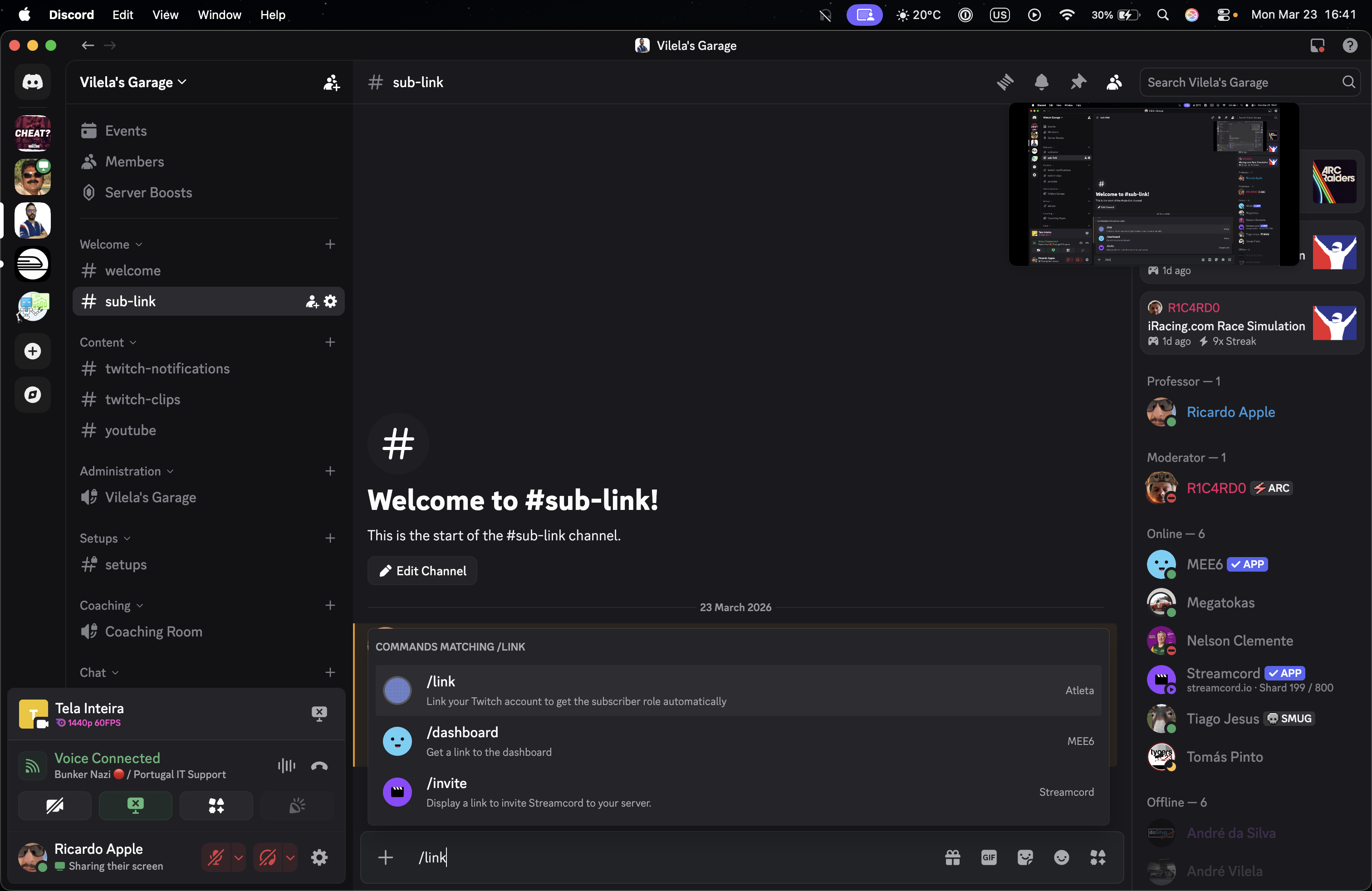 Discord showing /link command in a channel