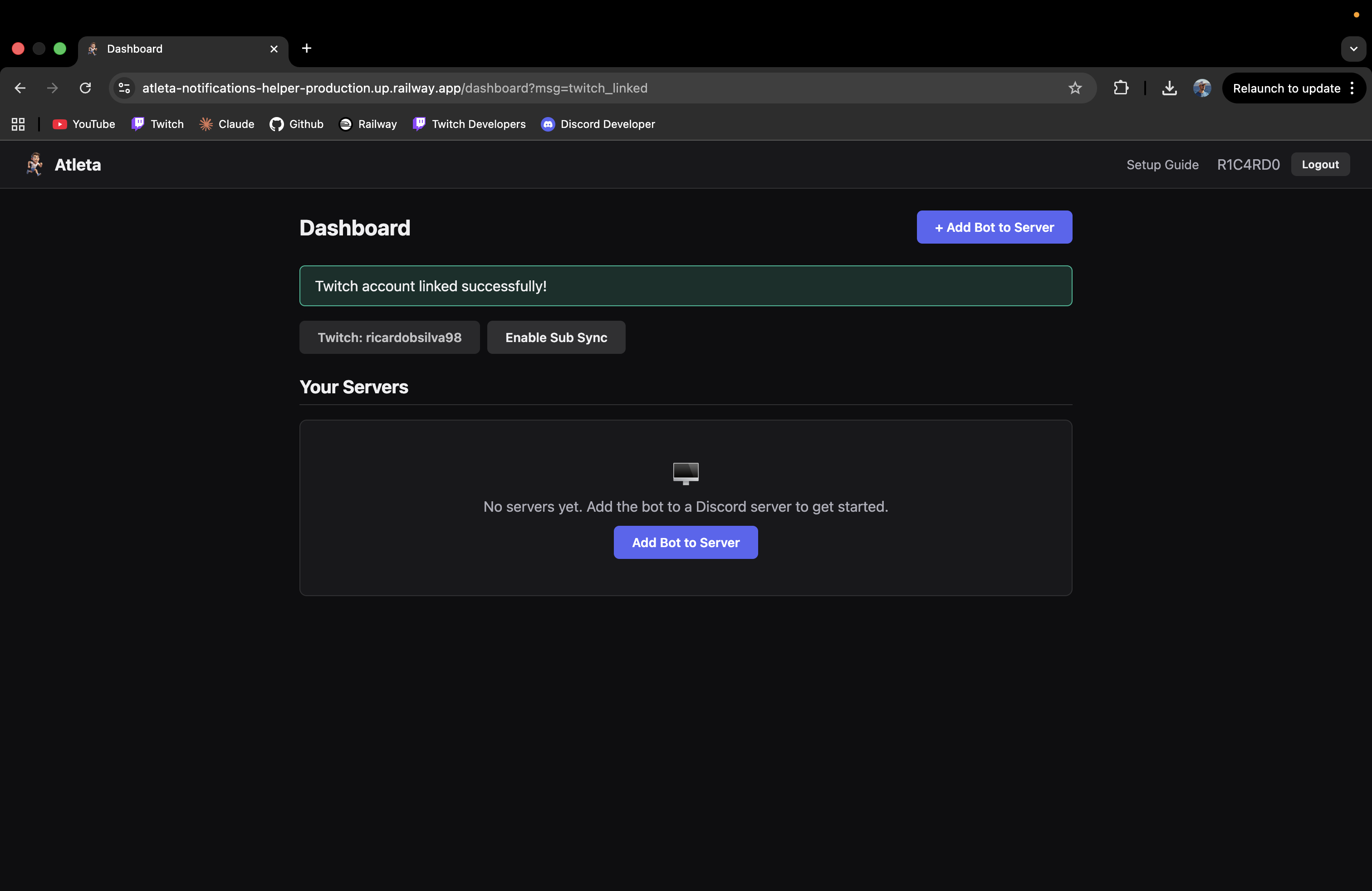 Dashboard showing Enable Sub Sync button